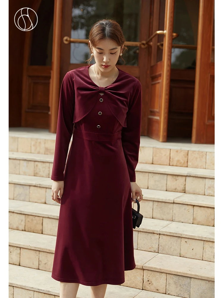 

DUSHU Women's Winter Retro Velvet Dress Two-piece Bowknot Design French Annual Party Dress Suspender Skirt Two-piece Dress Suit