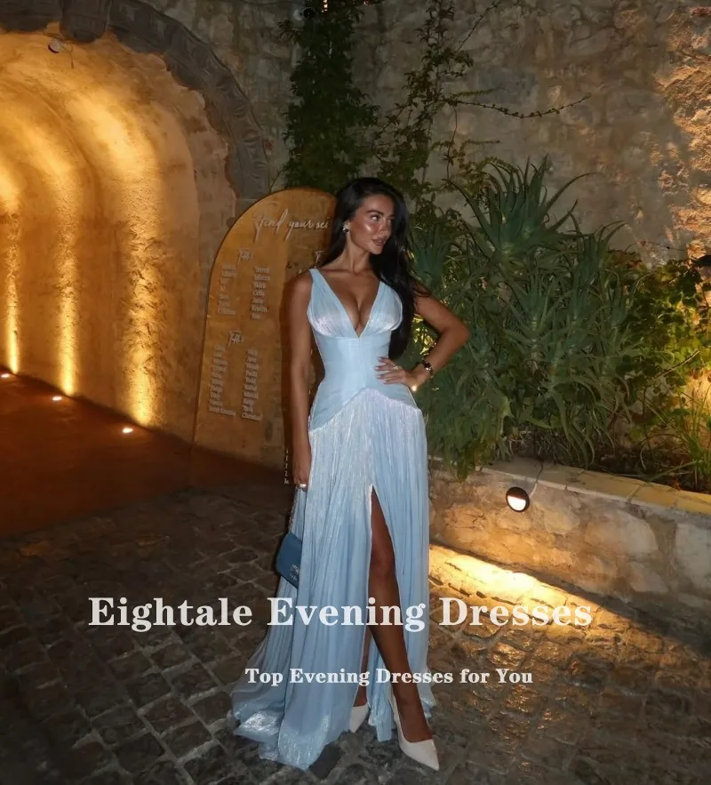 Eightale Evening Dresses V-Neck Pleats Light Blue Customized Floor Length Side Slit V-Neck Prom Party Gown vestido de fiesta