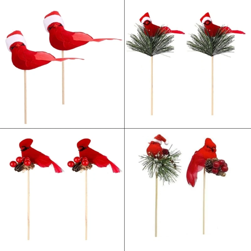 2Pcs Faux Bird Ornament Plastic with Plush Flannel Hat and Bamboos Support for Landscaping Projects Decoration