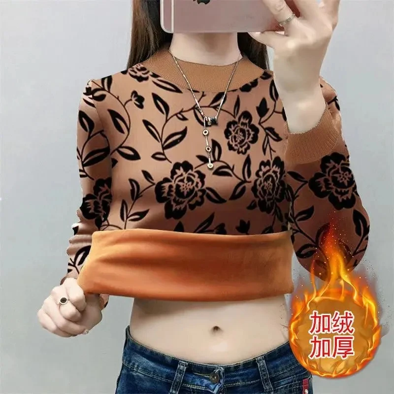 Add Velvet Bottoming Shirt Women's Long-sleeved Autumn Winter New Warm Fleece Pullovers Tops Elegant Print Female T-shirt M-4XL