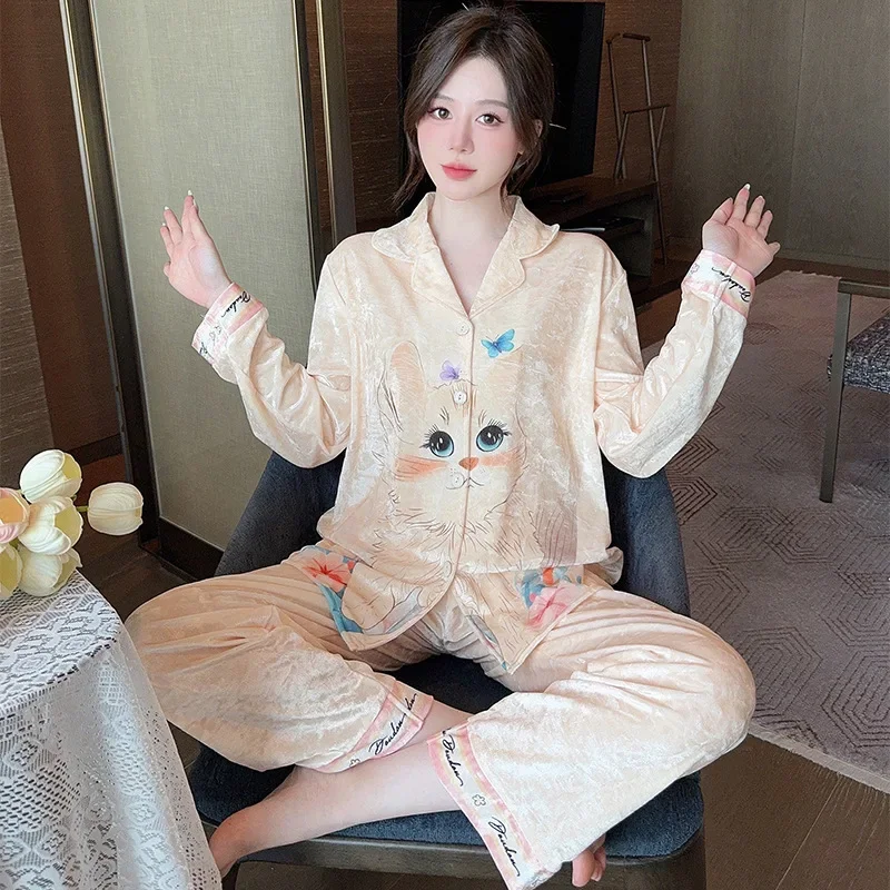 حجم كبير الحلو الكرتون القط منامة المرأة الشتاء الربيع الذهبي المخملية المتسكعون لينة الكورية المخملية الشعر السراويل ملابس المنزل