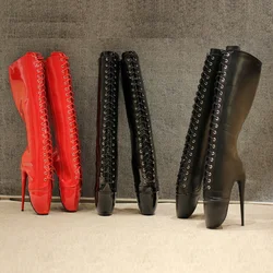 CACA 18cm Heel Women Knee High Boots,Men Pole Dance Shoes,Fetish Ballet Booties,Gothic Botas,Front Laces,Side Zip.Red,Customized