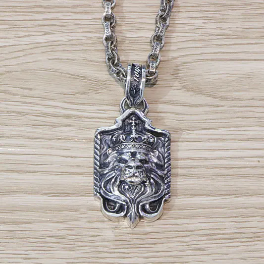 Thai silver trendy male domineering beast head pendant necklace punk European and American rock style lion head crown sterling s