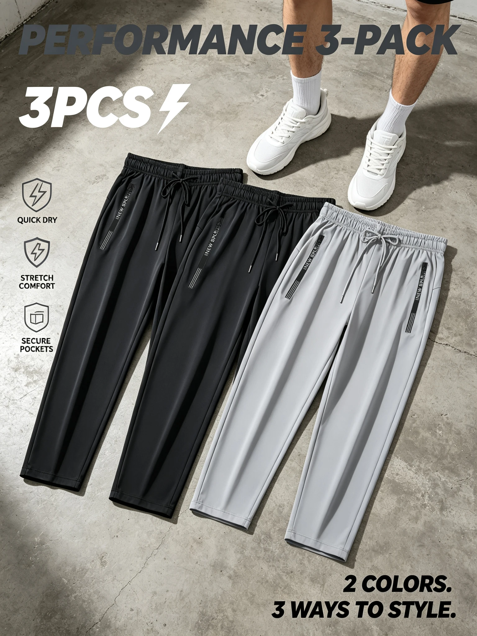 3 Pack Long Sleeve T-Shirt Set for Men, 2 Black 1 Grey, Casual Streetwear Outfit Multipack