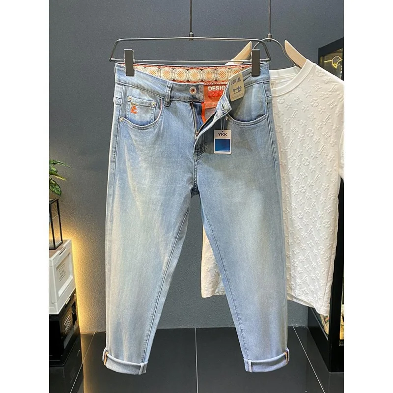 New MEN'S light luxury jeans high-end fashion brand business slim fit straight leg elastic casual blue versatile denim pants