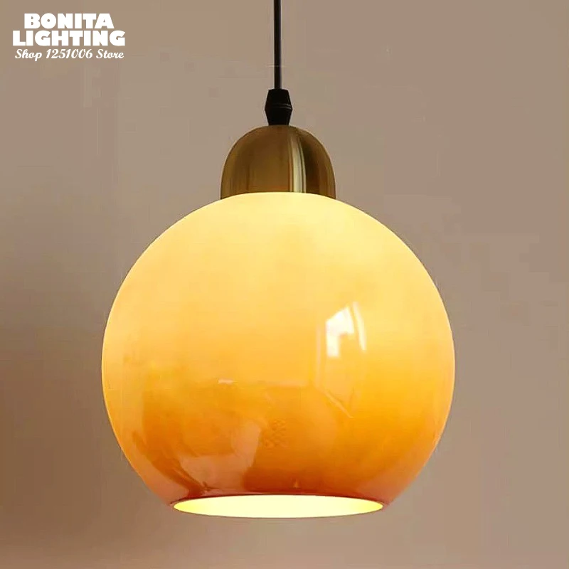 

Cream Ombre Glass Pendant Light Mid-Century Modern, Antique Bronze Fixture,D18cm Mini Shade for Bedroom Café Restaurant Lighting