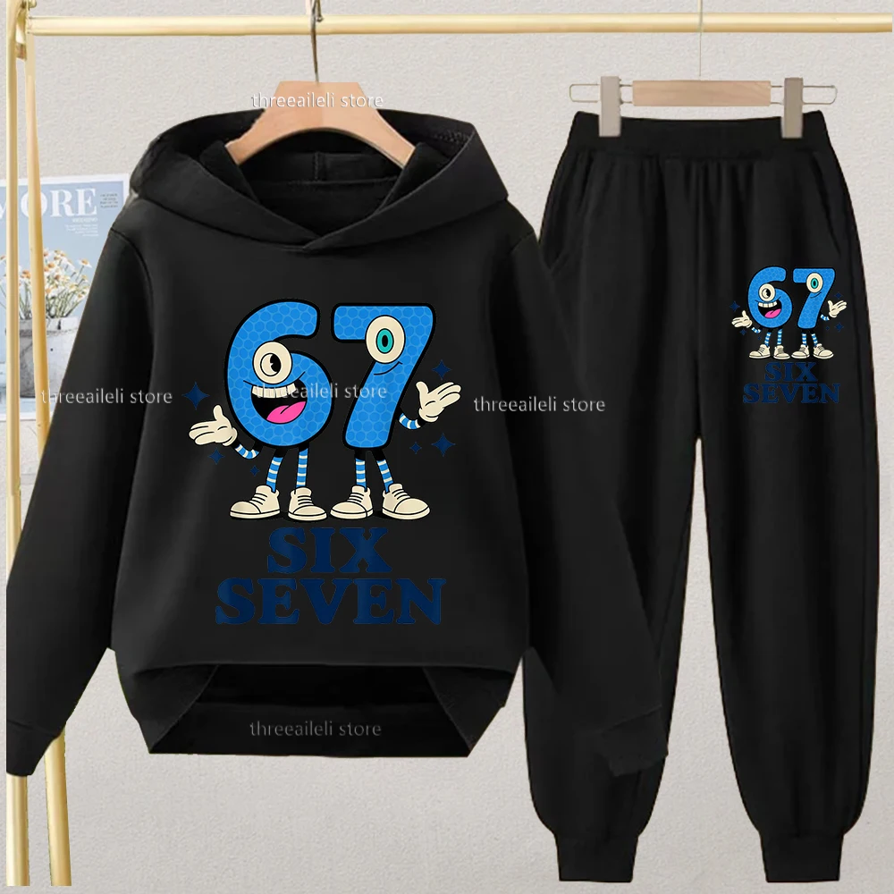 Ensemble de sweat à capuche pour enfants, dessin animé 67 Six Seven, cerveau italien imprimé chiffres, automne filles et garçons, combinaison pantalon confortable, combinaison de sport de loisirs
