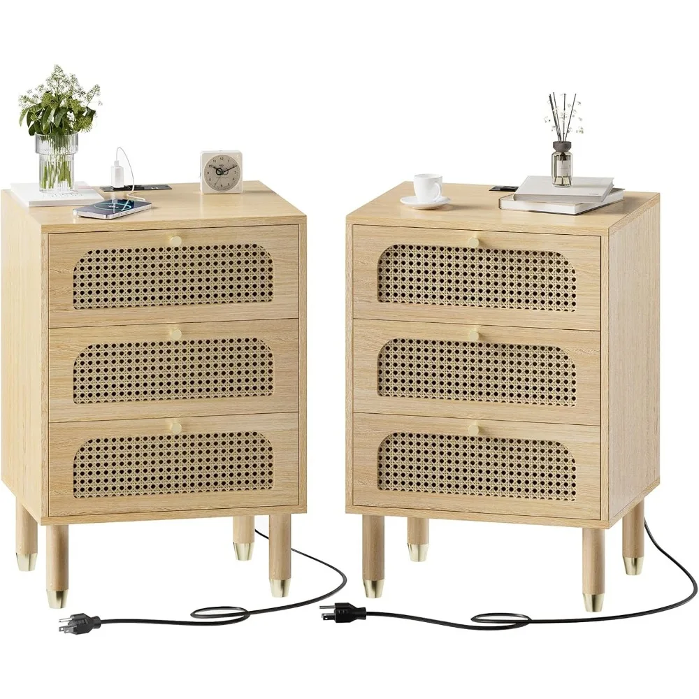 

Rattan Nightstands Set of 2 with Charging Station, 19" W x 27" H Nightstand 3 Drawer Set of 2, Boho Nightstand/End Table, Ratta