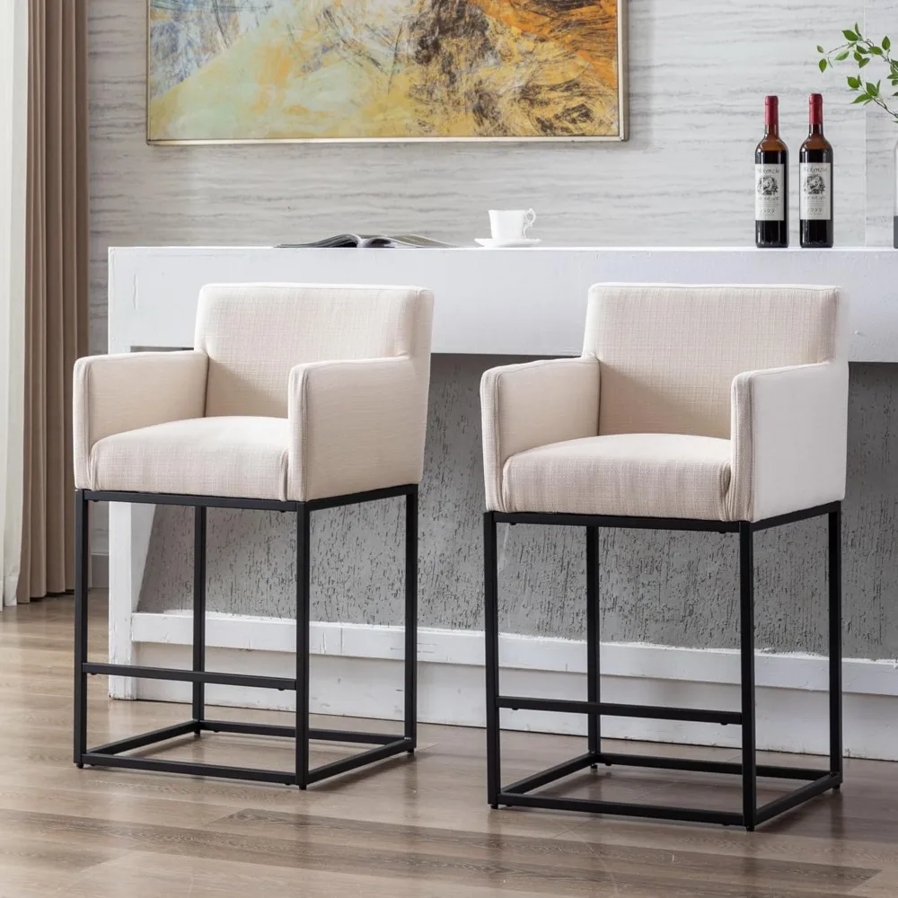 

Counter Height Bar Stools 26.75" Set of 2 Linen Upholstered Barstools with Arms, Bar Chairs Stools with Black Metal Frame