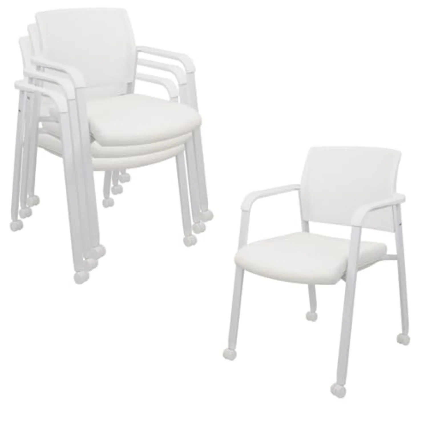 Stacking Office Chairs with Wheels | Mesh Back, Thicken Leather Seat and Streamline Armrests, Ergonomic Lumber Support