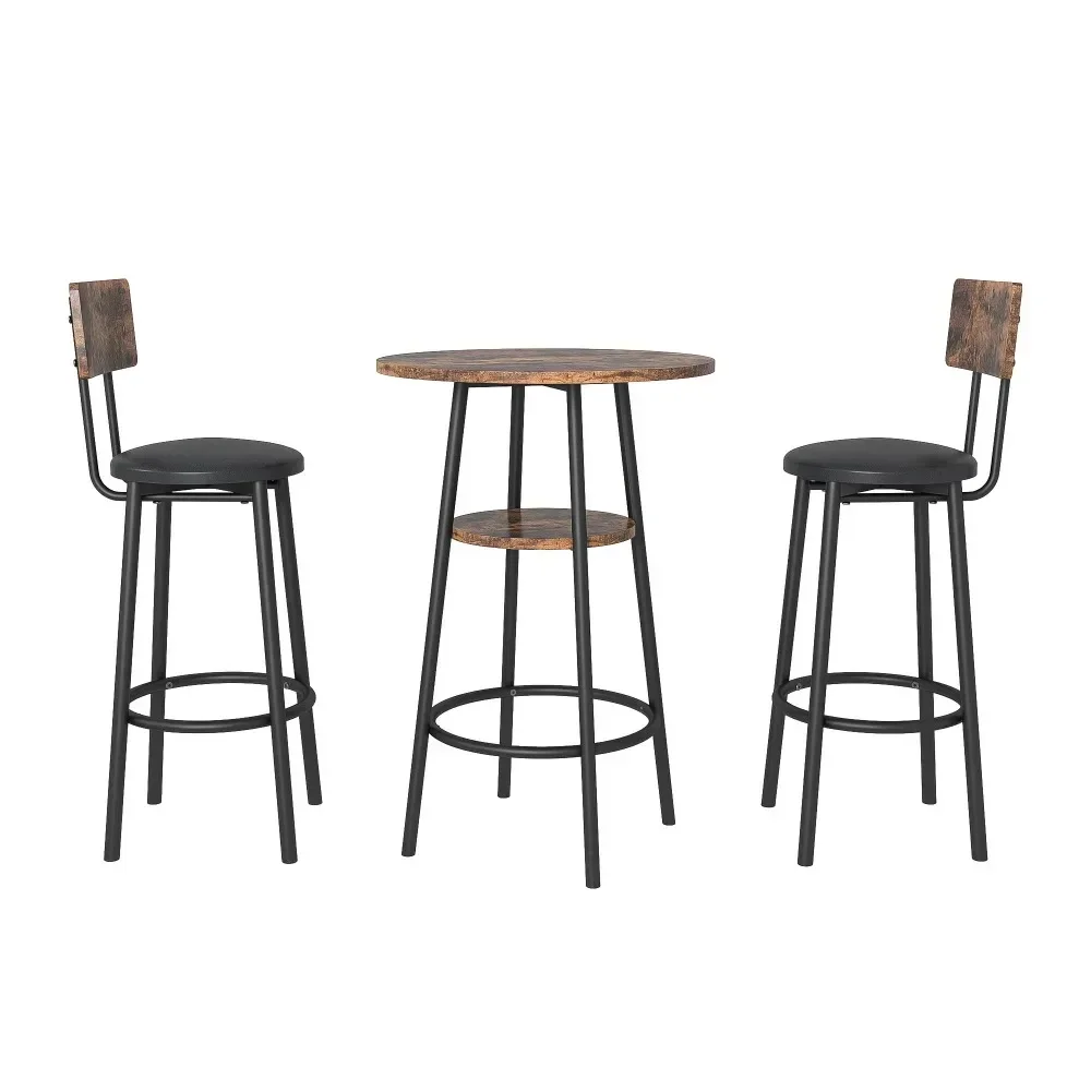 Juego de mesa y sillas de comedor de 3 piezas, conjunto de mesa de Bar Industrial, cocina, Marrón rústico