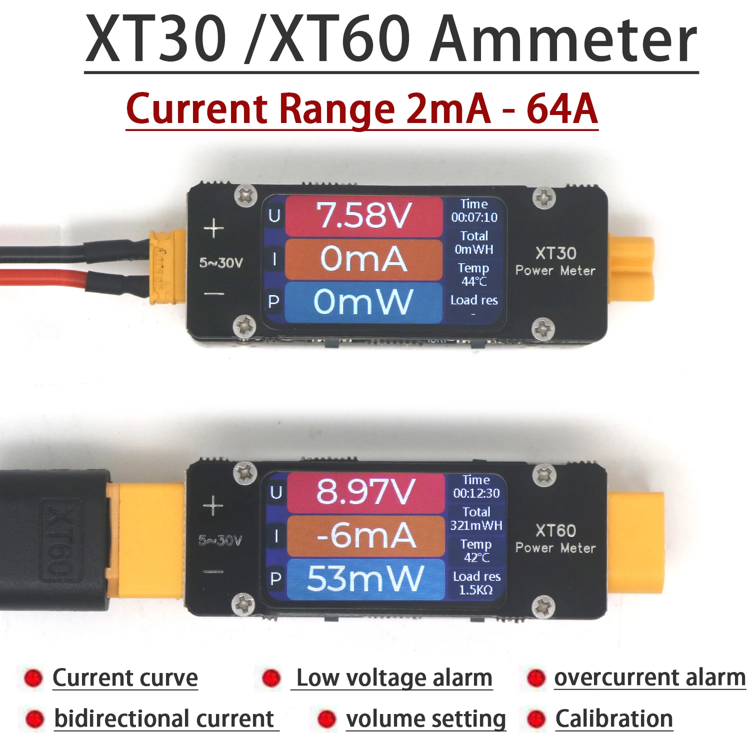 DC 5V-30V 2mA-64A XT30 XT60 Voltmeter Ammeter Power Meter TEMP Alarm for Lead-Acid Lifepo4 Li-ion RC Battery Charger Discharger