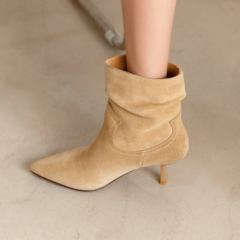 ArdenFurtado Women's Brown Cow Suede Short Boots Slip-On Pointed Toe Boots Middle Heel Tubular Genuine Leather Booties Suede