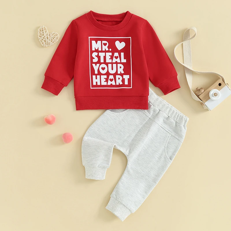 Baby Boys Valentine’s Day Outfits Long Sleeve Letter Sweatshirt Tops Pocket Pants Set Toddler Kids Sweatshirt Clothes Set 2Pcs