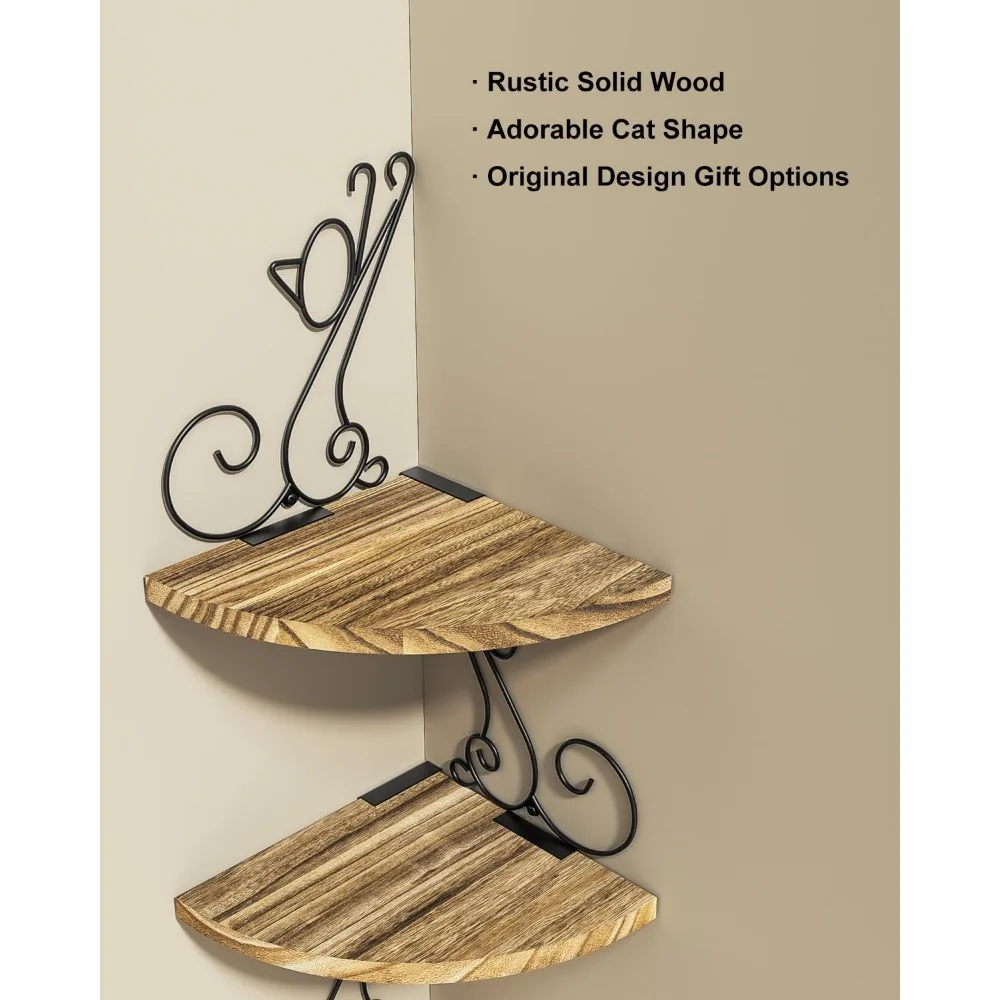 4-Tier Cat-Shaped Floating Corner Shelves, Rustic Wood Storage for Home Decor, Easy Install