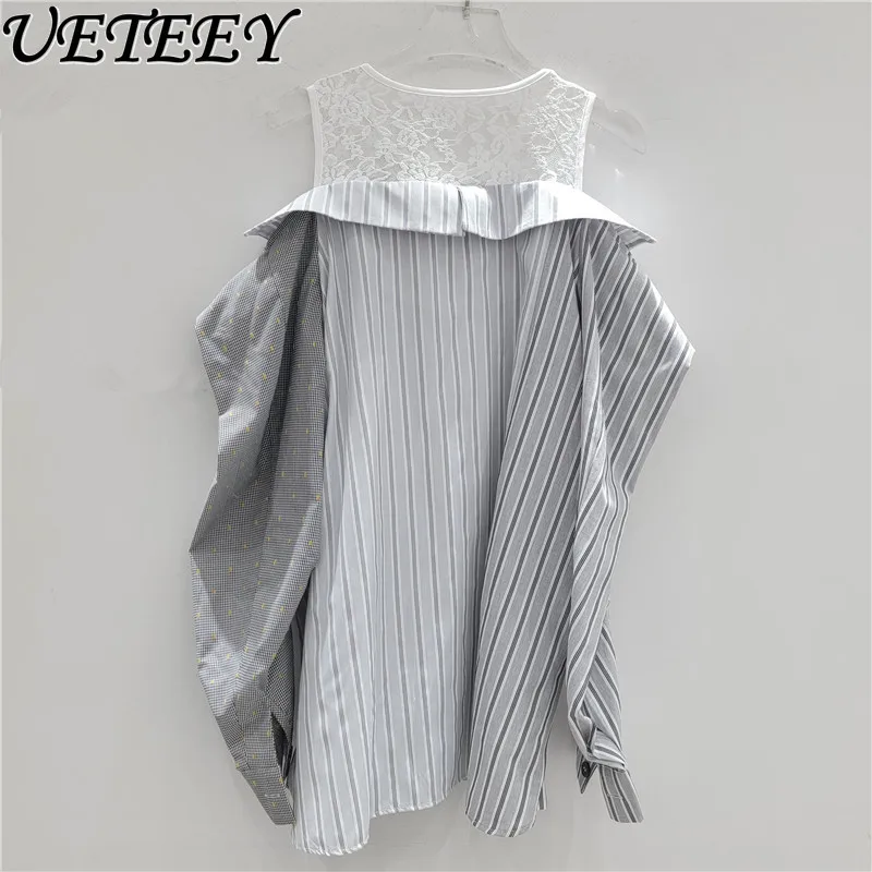 フェイクツーピースデザインオフショルダーレーススプライシングトップ水玉縦ストライプカジュアルシャツ長袖レディースブラウス