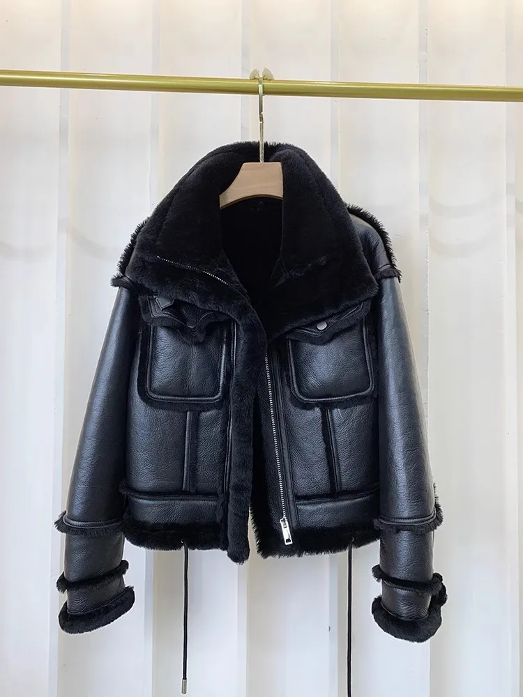 Abrigo de motocicleta de piel Real para mujer, forro de lana, cuello levantado, Punk genuino chaqueta de cuero, abrigos gruesos y cálidos de piel de oveja, invierno, nuevo