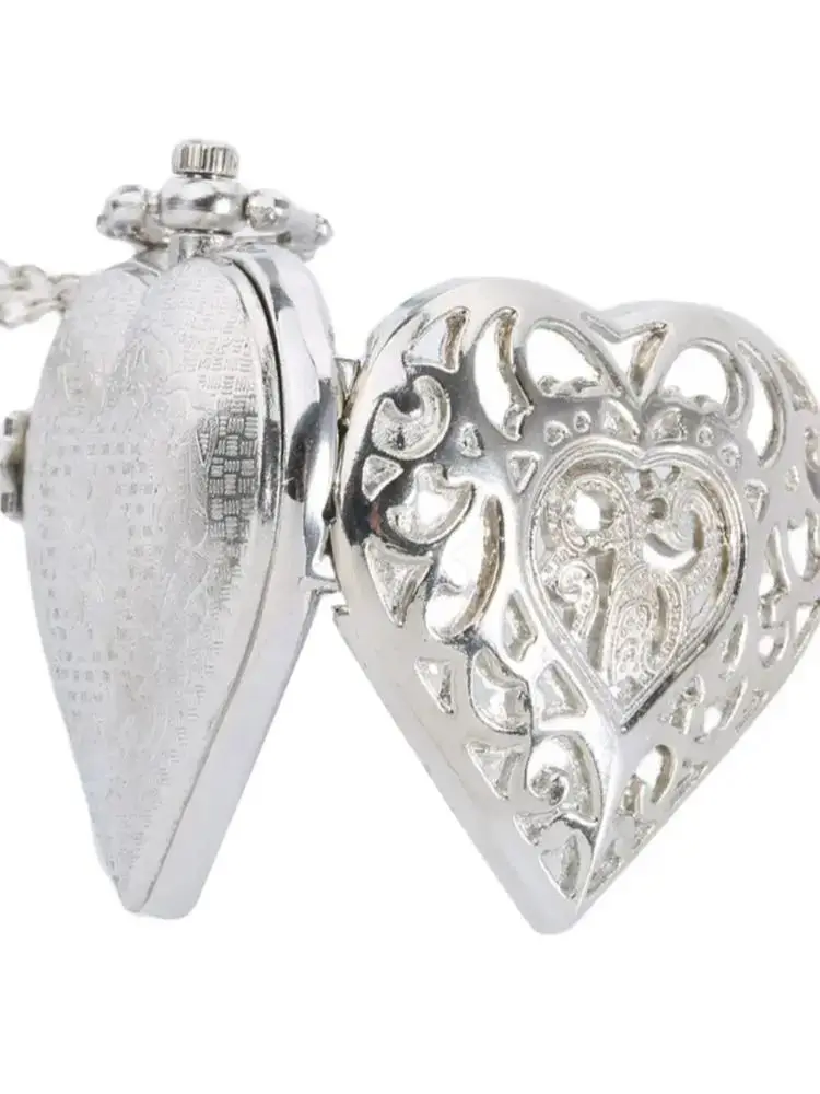 Stylish Romantic Heart-shaped Quartz Women\'s Necklace Pocket Watch Souvenir Birthday Gift Watch On Chain Pendant Chain Clock