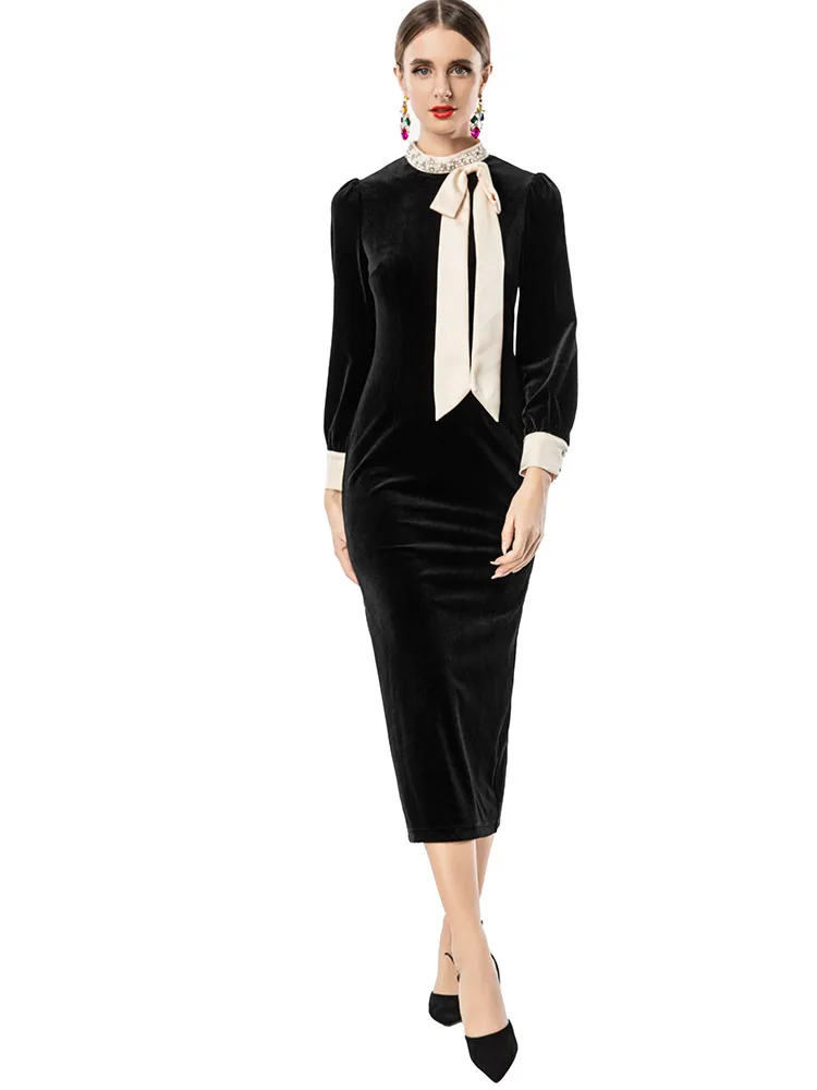 

JUNLINNA Fashion Elegant Velvet Dress Women Autumn Winter Beading Neck Party Holiday Midi Vestidos