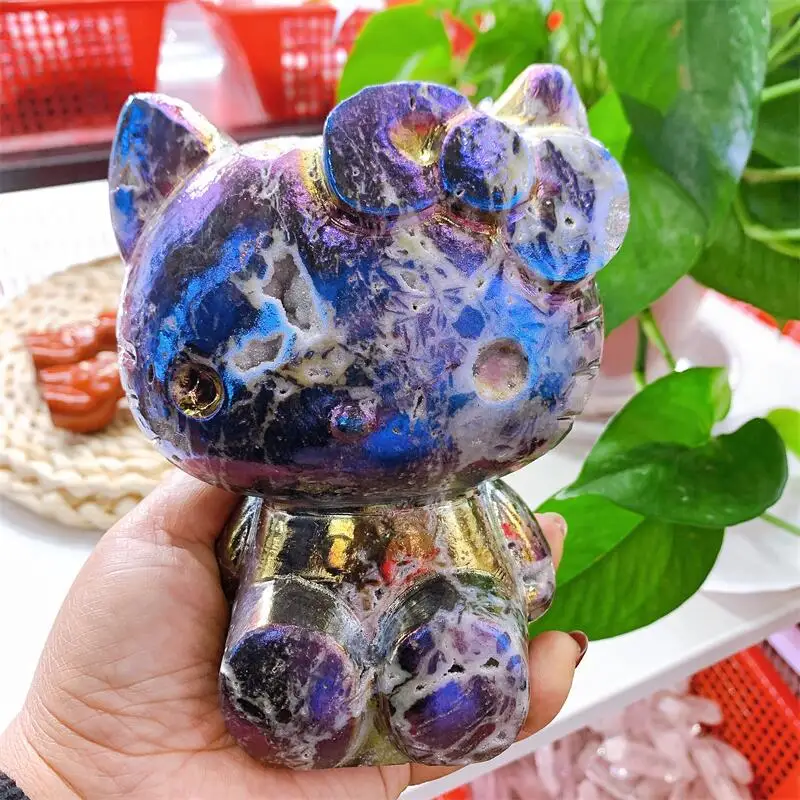 Natural Aura Sphalerite Cartoon KT Cat Carving Cartoon Animal Sculpture Healing Crystal Gemstone Crafts For Children Gift 1pcs