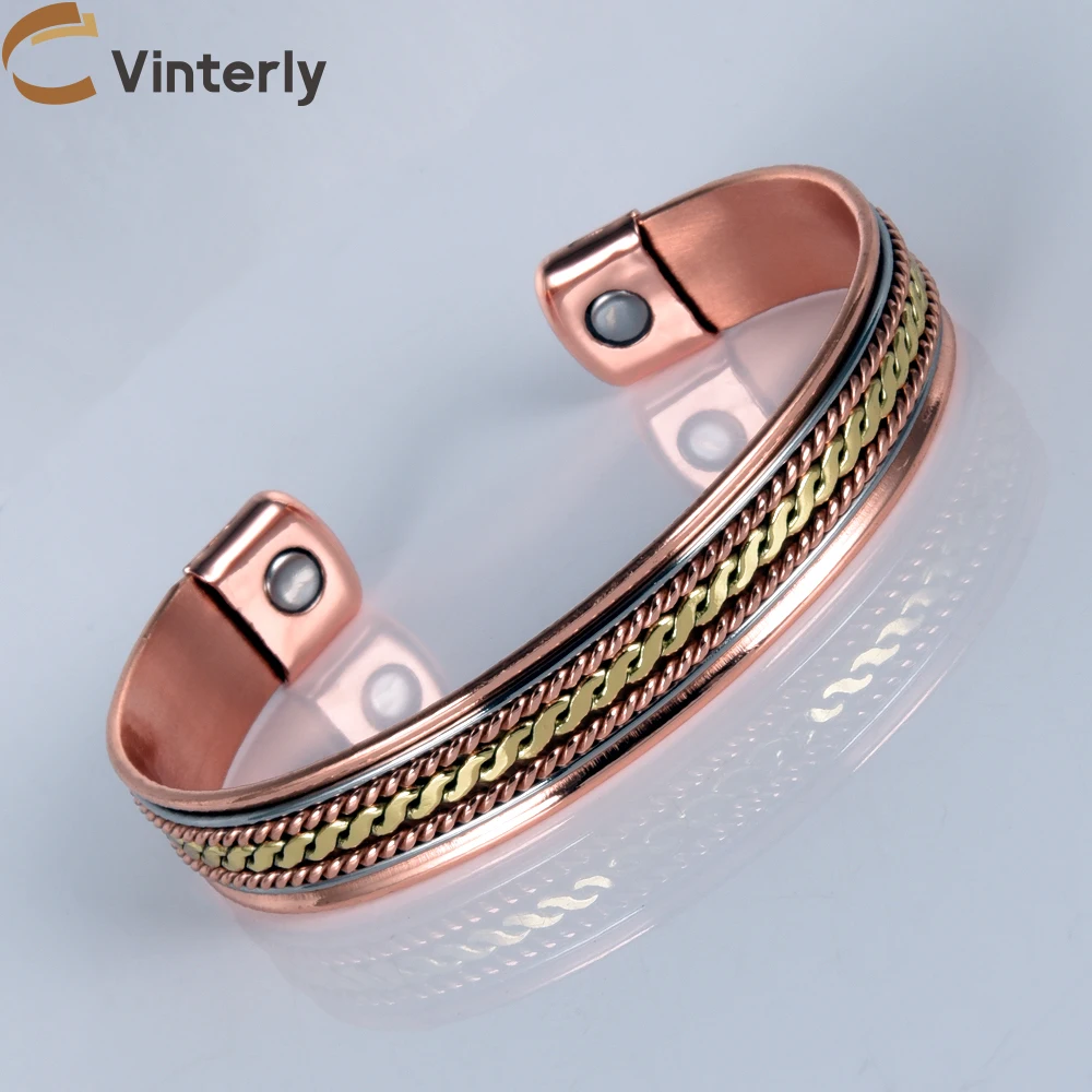 Vinterly Pure Copper Bracelets Twisted Magnetic Therapy 12mm Handmade Braided Cuff Adjustable Magnets Bangles Resizable Jewelry