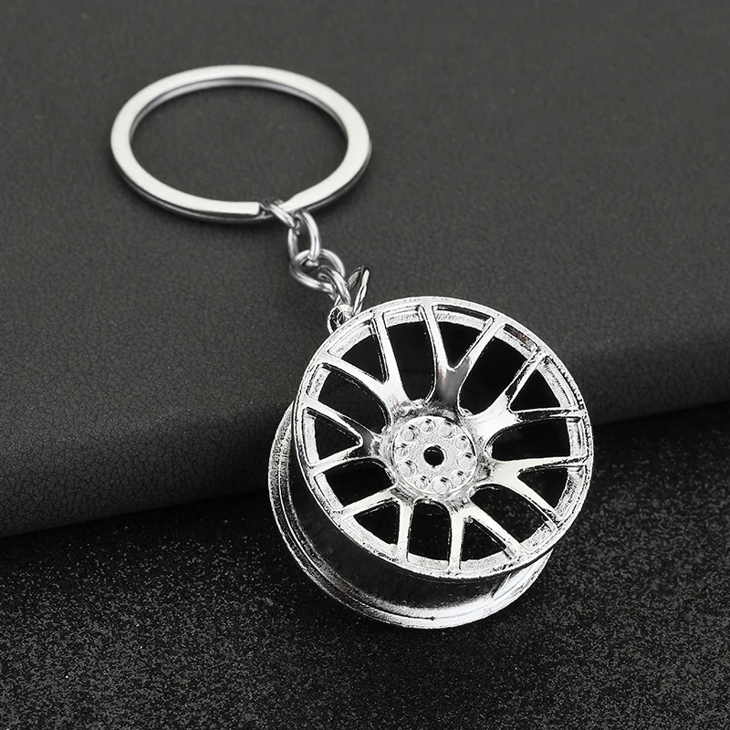 Keychain Charm Car Wheel Hub Rim Metal Silver Lightweight Gift for Men Auto Accessories Decoration Pendant Keyring Sturdy