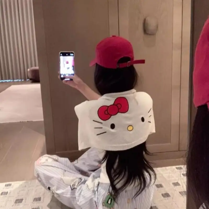 2026 New Hello Kitty Pattern Shawl Women's Summer Simple Top Dress Up Cute Cartoon Playful Knitted Shawl Sweet Girly Small Scarf view 4