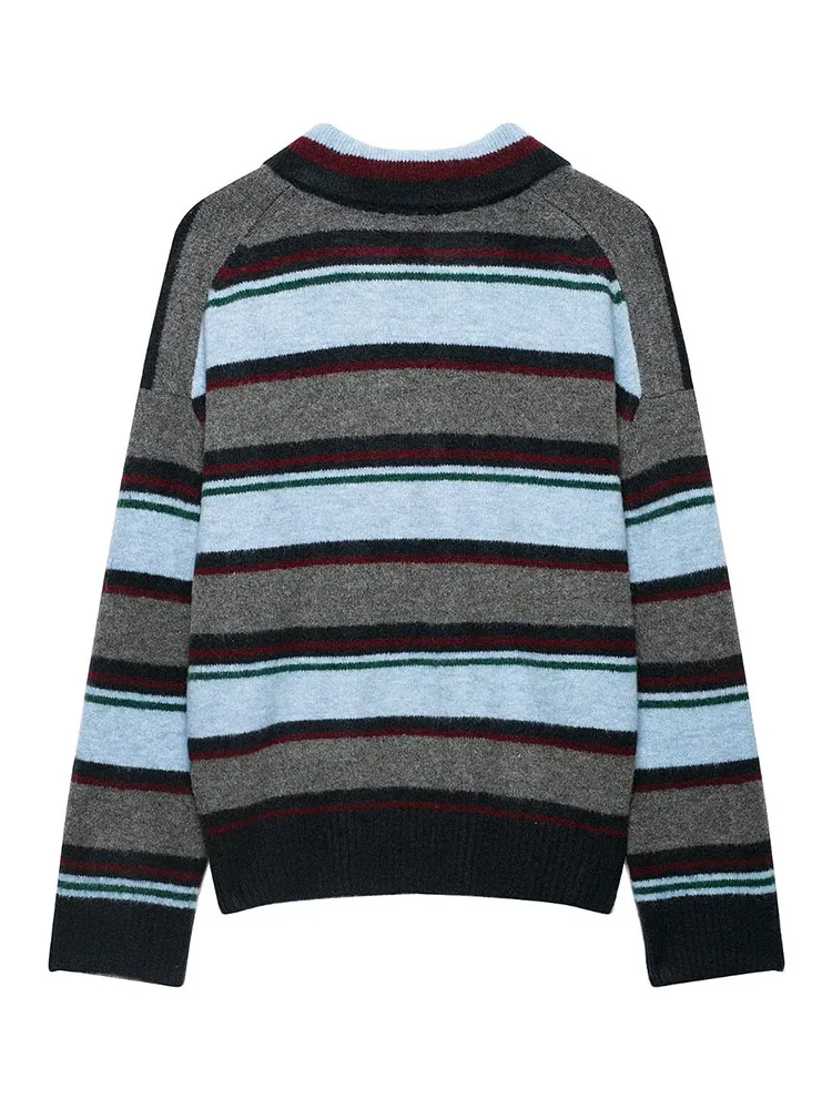 HH Vacation Casual Multicolor Striped Polo Collar Deep V Neck Drop Shoulder Knit Sweater Women Fall Loose Travel Chic Top