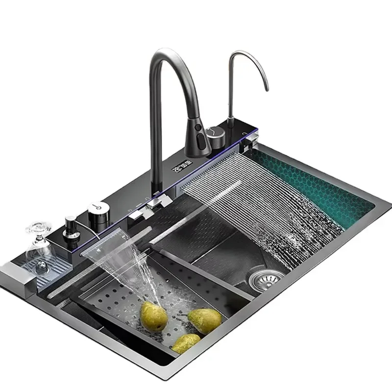 for 304 Stainless Steel Black Nano Smart Kitchen Sink with  Digital Waterfall Faucet and Cup Washer