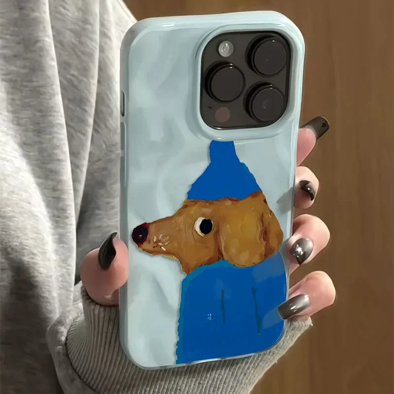

Blue Hat Puppy Folds Texture Soft Phone Case For iPhone 17 16 15 14 13 12 11 Pro Max 15 16 14 Pro 17Air Cute Cartoon Back Cover