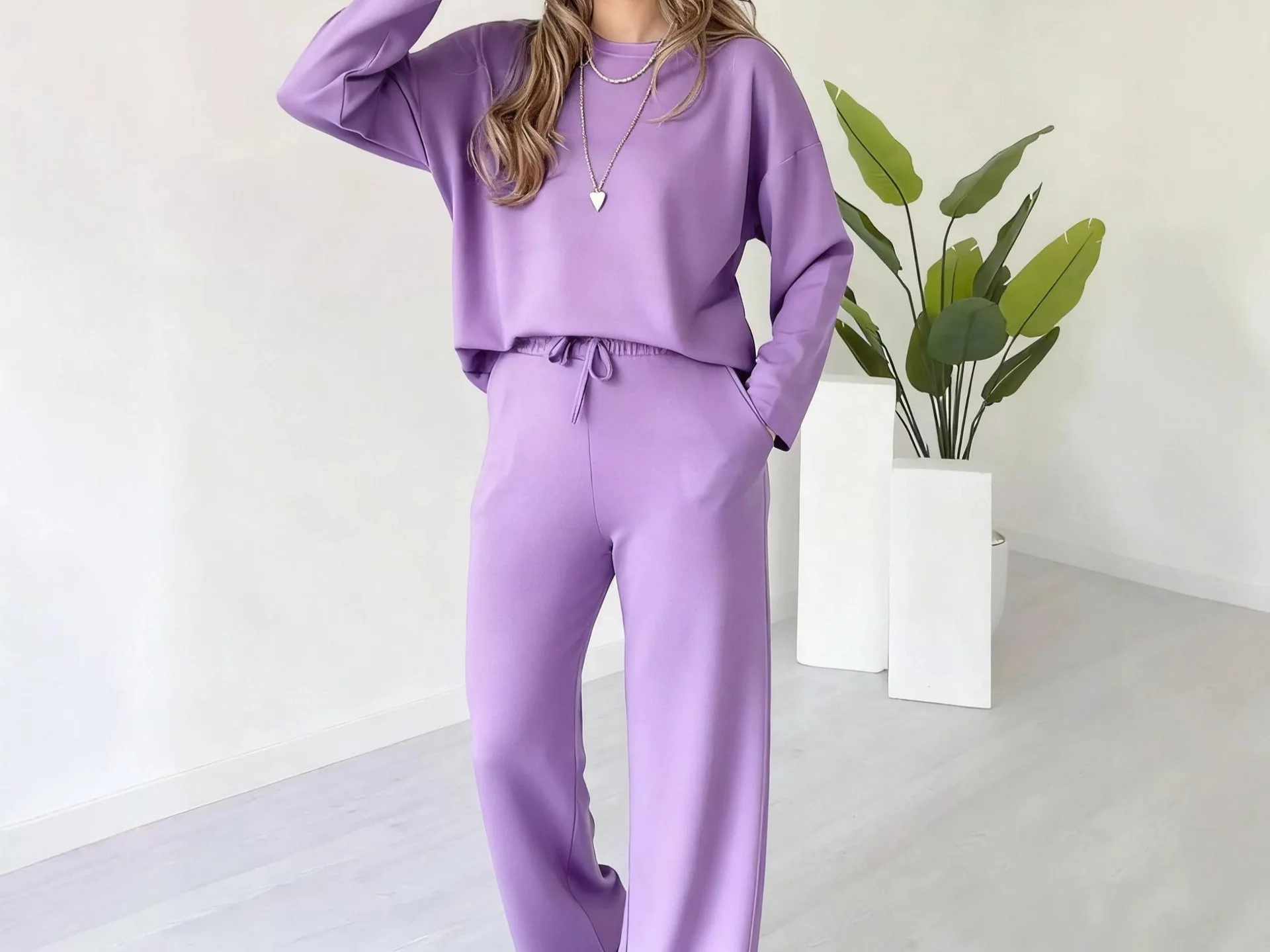 Comfortable Knitted Two-Piece Set Casual Long Sleeve Long Pants Women's Fashion New Arrival Solid Color Polyester Spandex Blend