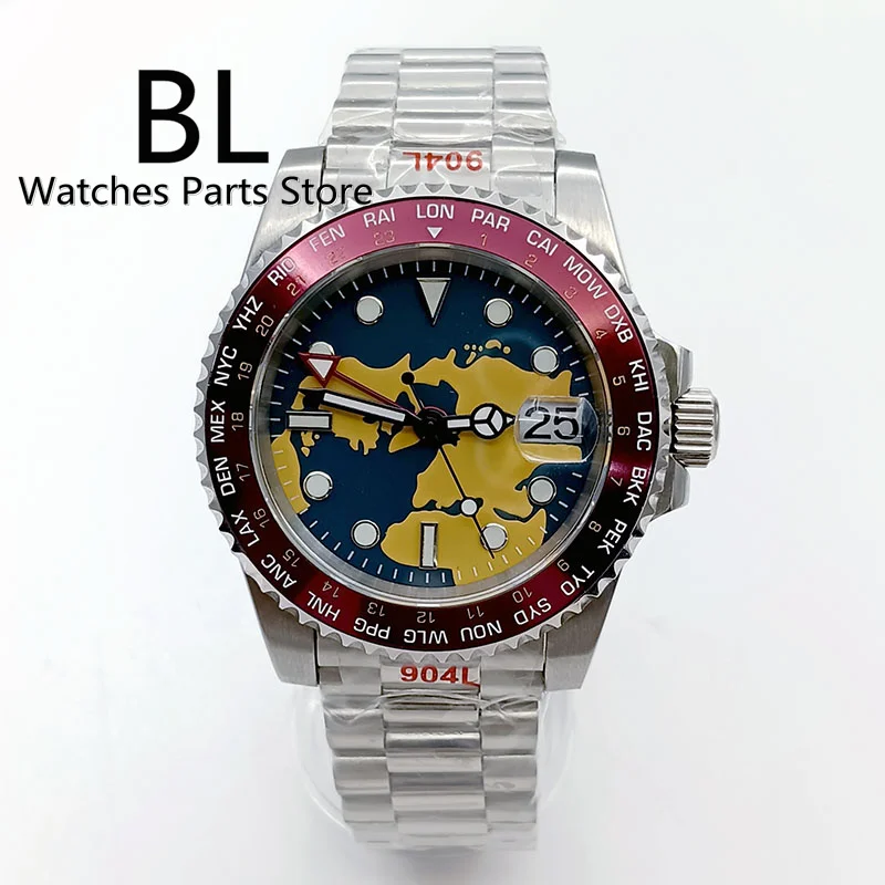 BLIGER 40mm NH34 GMT Automatic Watch For Men Red Alloy Bezel Blue Dial Super Full Luminous Sapphire Glass Steel Strap Date