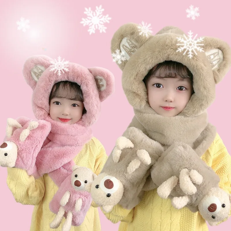 Winter Thick Hats Scarf Gloves Set Warm Fluffy Winter Hooded Cute Bear With Long Scarf Ear Protection Cap Toddler