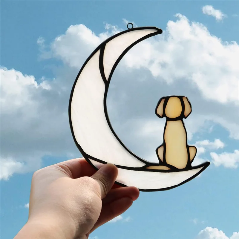 Versatile Loss Of Dog Sympathy Gift, Stained Glass Dog On Moon For Suncatcher Gifts, Yellow Dog Memorial Gifts For Pet Loss Gift