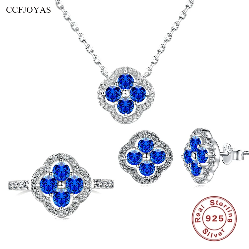 

CCFJOYAS Simple INS New 100% 925 Sterling Silver Multicolor Zircon Flower Earrings/Necklace/Ring Set Women Wedding Jewelry Set