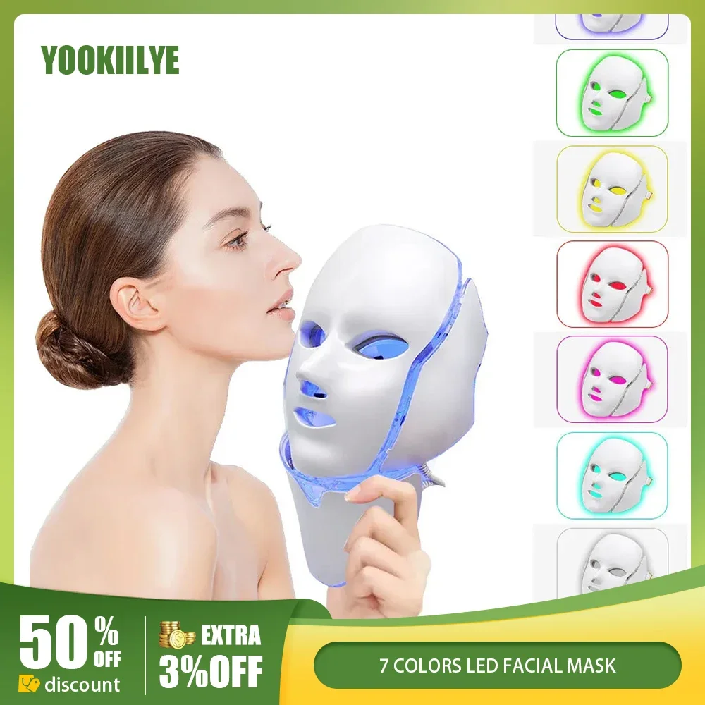 7 Colors LED Facial Mask Photon Therapy Mask with Neck Anti-Acne Wrinkle Removal Skin Rejuvenation Lifting Face Skin Care Tools