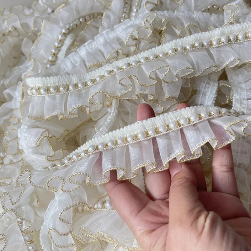 4CM Wide White Organza Tulle Fabric Frills Beaded Fringe Needlework Ruffles Lace Ribbon Golden Edge Trim Dress Apparel Diy Craft