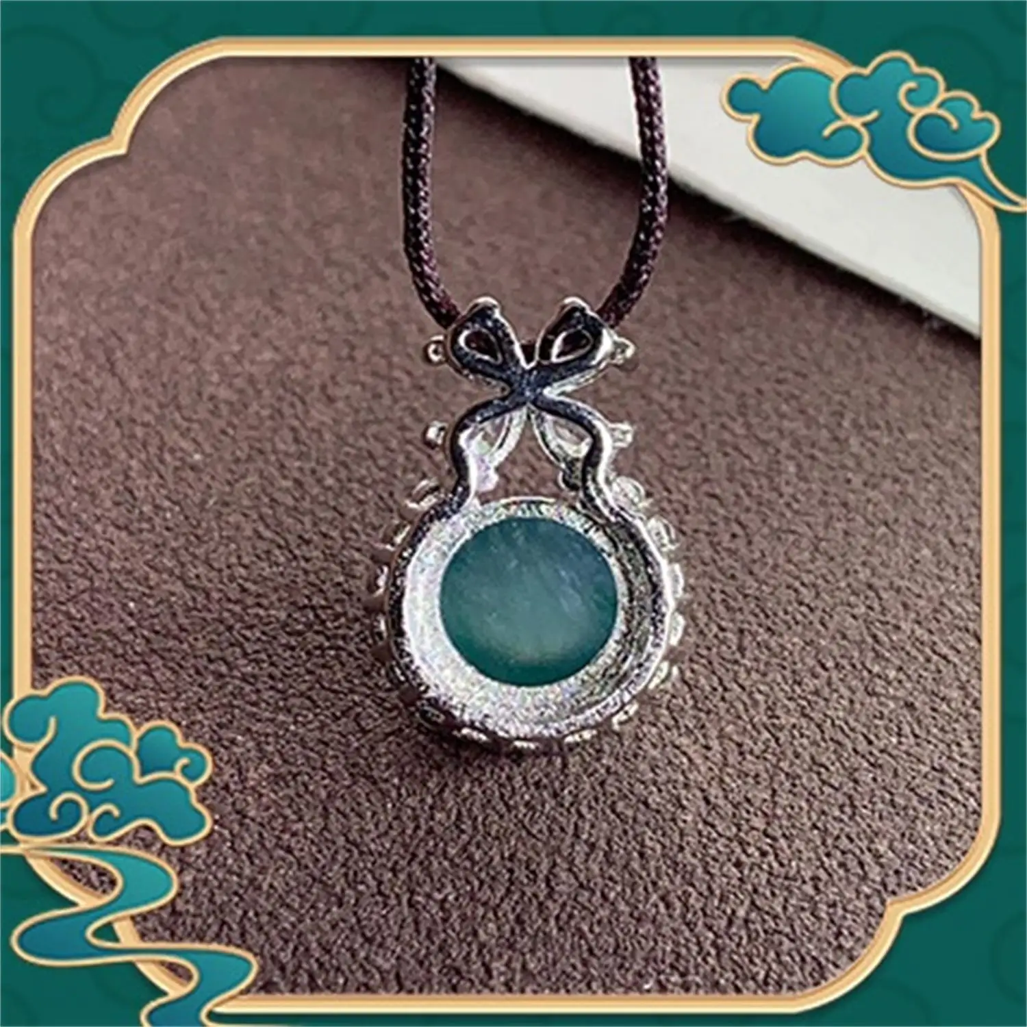 Guatemalan Blue Water Jadeite Cabochon Pendant Gold Plated Rhinestone Flower Design Grade A Natural Luxury Charm Necklace Women