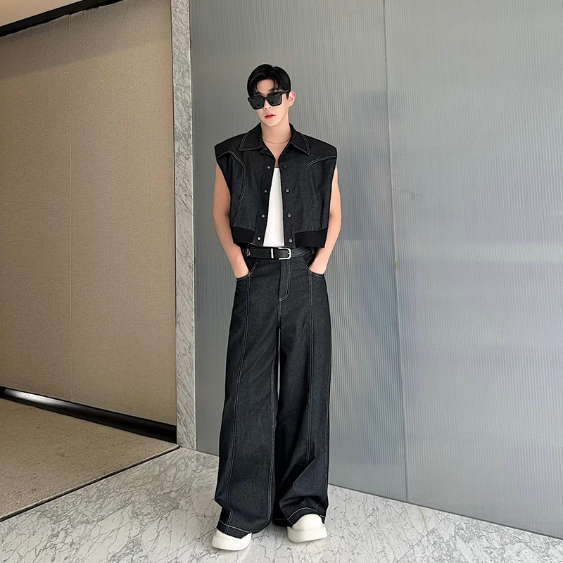 

Faionable American Korean Sle ort Svel Vest And Straight Leg Jeans Set for Men Casual Loose Fit Two Piece Suit