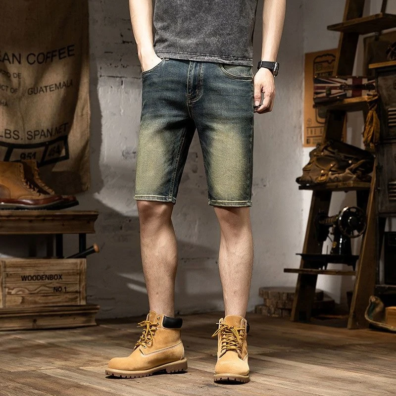 

Summer Men's Vintage Distressed Denim Shorts Slim Fit Stretch Mid Length Pants Korean Style Casual Hip Hop