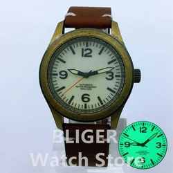 BLIGER 36mm 39mm Vintage Bronze NH35A Automatic Dive Pilot Men's Watches Sapphire Glass Luminous Dial Leather Strap Screw Crown