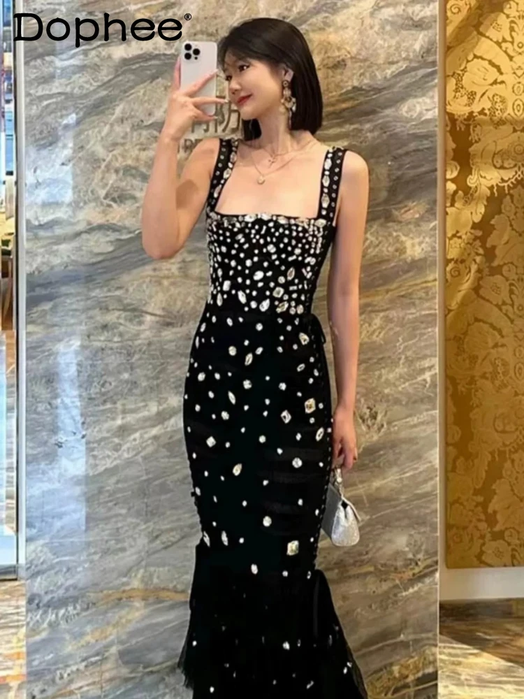 High-Grade Beads Sling Maxi Dresses for Women Spring Summer Retro Square Collar Temperament Rhinestone Sleeveless Banquet Dress