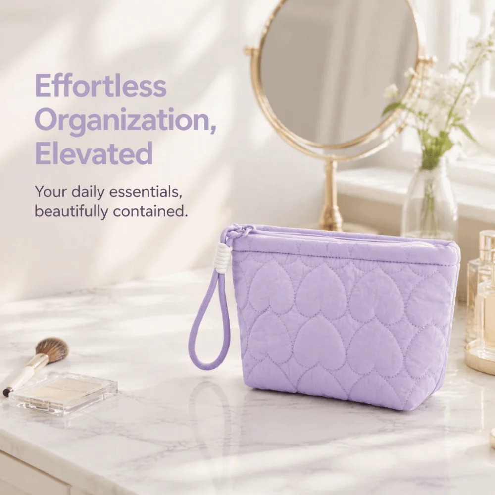 Large Capacity Cosmetic Bag Heart Quilted with Lanyard Lipstick Organizer Pouch Soft Inner Lining Portable Makeup Storage Bag