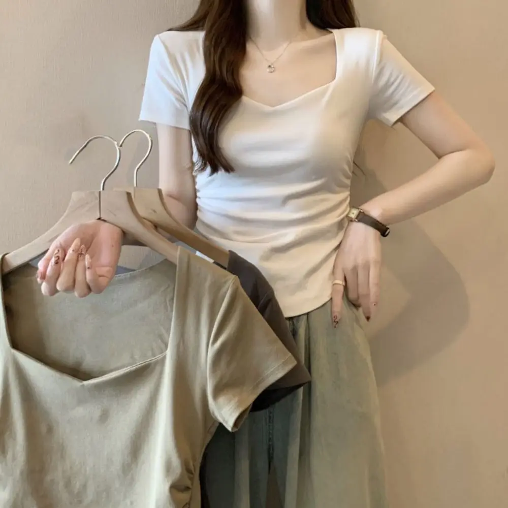 

Breathable Slim Fit Y2K Crop Tops Short Sleeves Summer Korean T-shirt Women Clothing Pleated Solid Short T-shirt Ladies