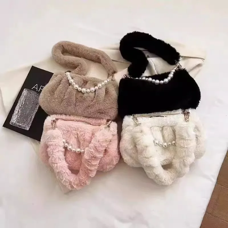 2026 Fashion New Soft Plush Fur Underarm Bag For Women Wrinkled Small‑Square Shoulder Bag Elegant Pearl‑Chain Ladies Daily Purse