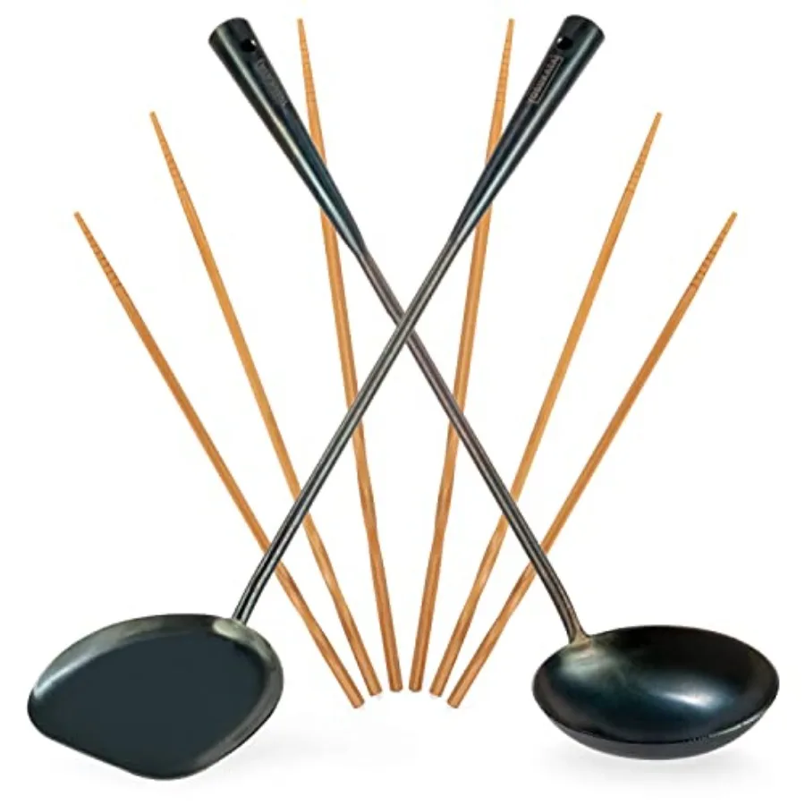 

Blue Carbon Steel 17-inch Wok Utensils Set for Asian Cooking - Durable Spatula Ladle and 3 Pairs Chopsticks