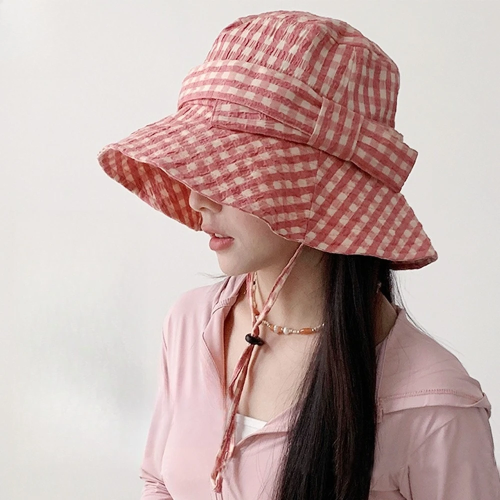 Butterfly knot checkered fisherman hat for women in summer small and fresh travel sun hat large brim sun protection small face
