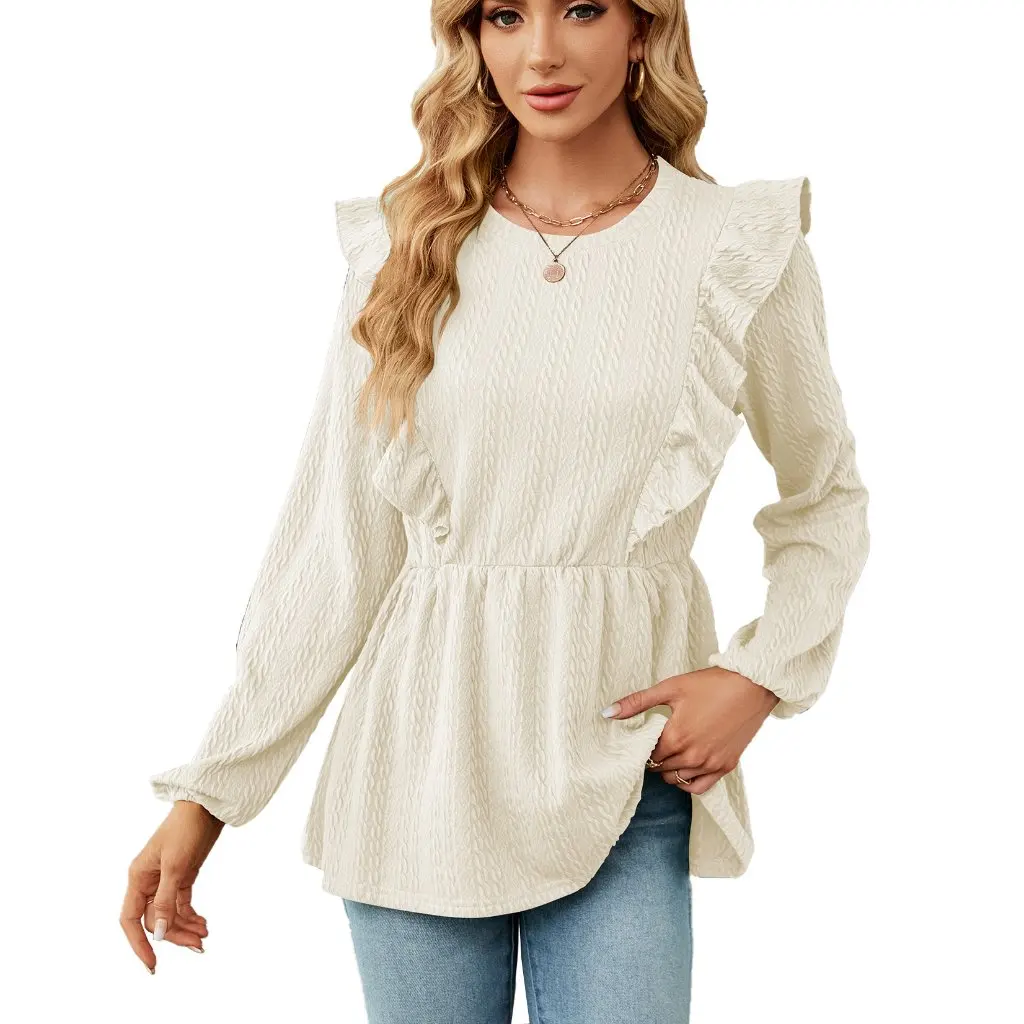 

Women's Autumn Winter Long Sleeve T-shirt Jacket Solid Color Pleated Stitching Crewneck European And American Style by