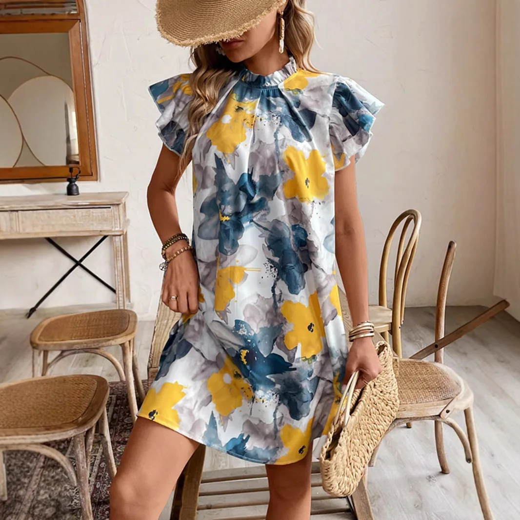 

Summer Women Loose Pleated Beach Sundress Floral Printing Dress Ruffle Sleeve Sweetheart Pleated Mini Dress blue Elegant Dresses