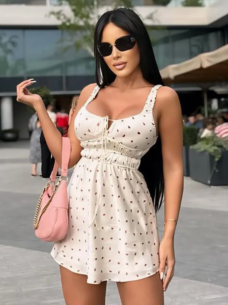 

TRAFZA Women New Fashion Summer Casual Dresses Print Sleeveless Square Collar Lace-Up Decoration Backless Female Slim Mini Dress